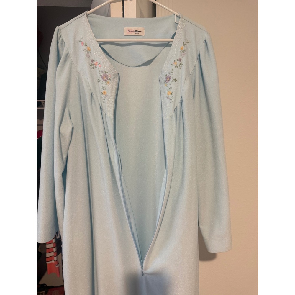 Shadowline Vintage Blue Floral Embroidered Lace Trim Nightgown Large Zip Front - Picture 3 of 5